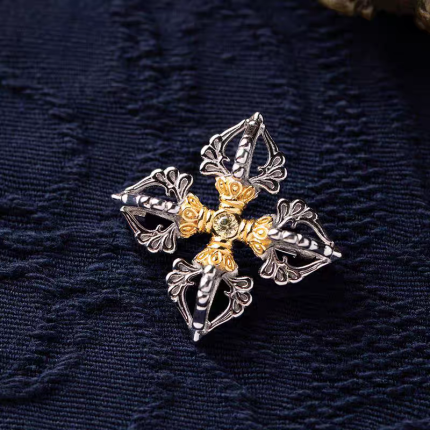 Retro cross vajra silver brooch niche simple light luxury men's and women's ethnic style versatile temperament brooch